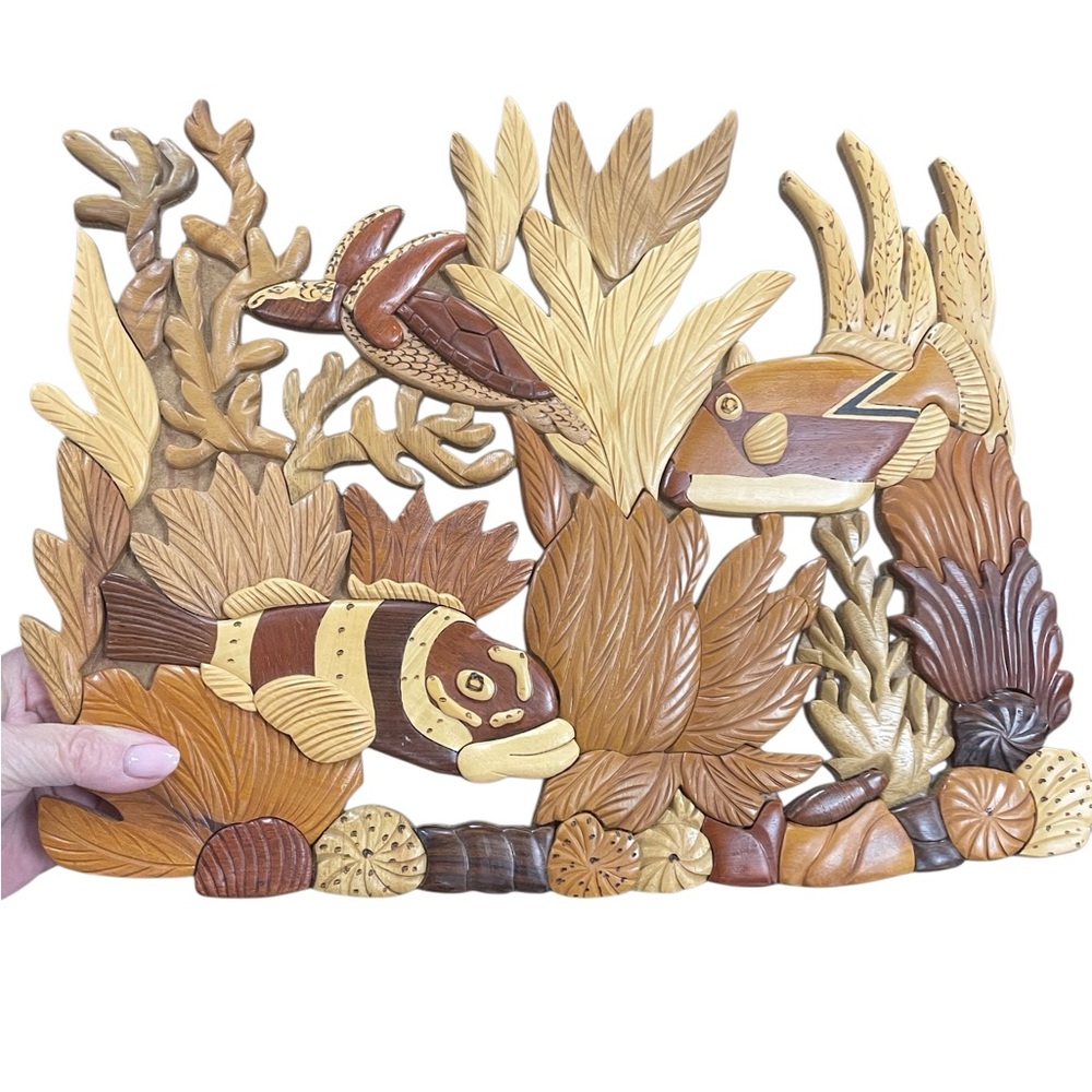 Vintage Fish Wood Carving Leaves Coral Art, Wall Decoration 100% Wood Handcrafte